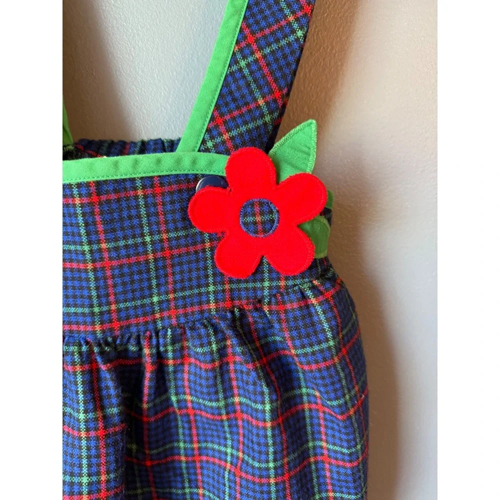Florence Eiseman‎ vintage Blue Plaid Jumper Dress Red Flower Applique